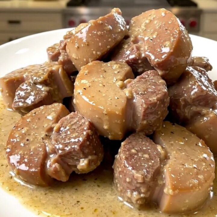 A close-up of tender pork cheeks in a creamy leek sauce served on a white plate.