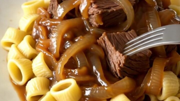 Bœuf braisé fondant avec oignons caramélisés dans une mijoteuse sur un comptoir en quartz.
