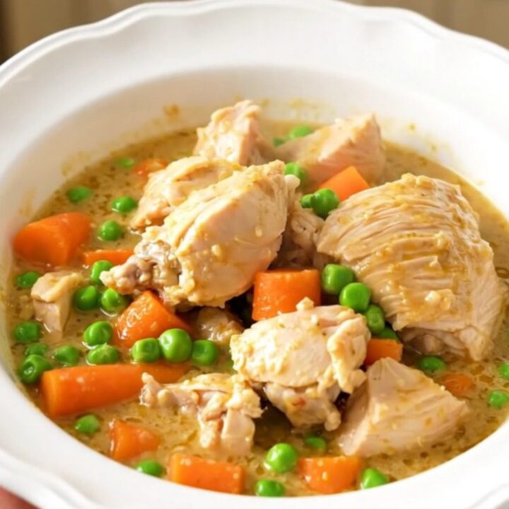 A top-down view of a slow cooker filled with chicken thighs, sliced carrots, peas, and a creamy white sauce.