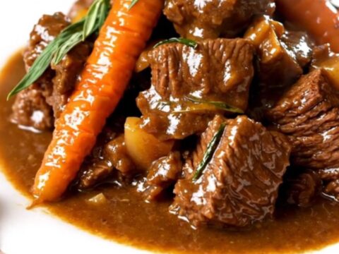 A close-up of a plate of slow-cooked beef neck with carrots and herbs in a rich sauce.