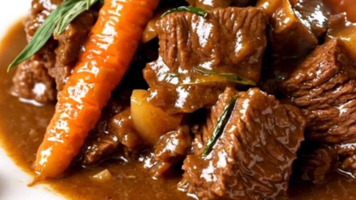 A close-up of a plate of slow-cooked beef neck with carrots and herbs in a rich sauce.