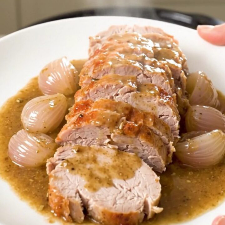 A top-down view of a raw pork tenderloin in a slow cooker with shallots and herbs.