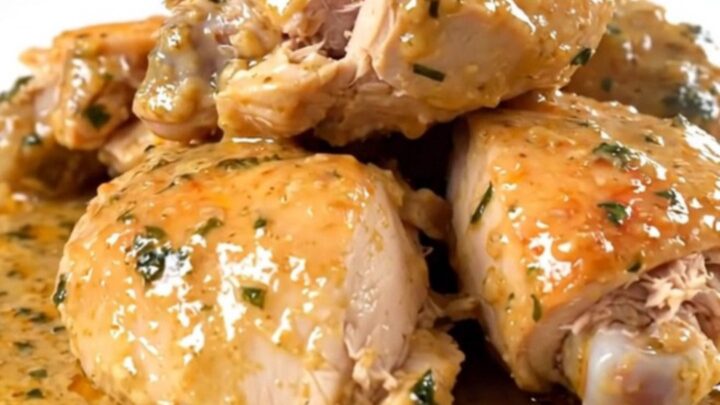 Cuisses de poulet tendres nappées d'une sauce onctueuse à la sauge dans une assiette blanche.