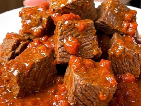 Bœuf mijoté fondant dans une sauce tomate riche avec des feuilles de basilic frais sur une assiette blanche.