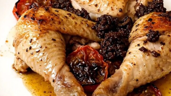 Slow cooker filled with cooked chicken breasts topped with cherry tomatoes and black tapenade.