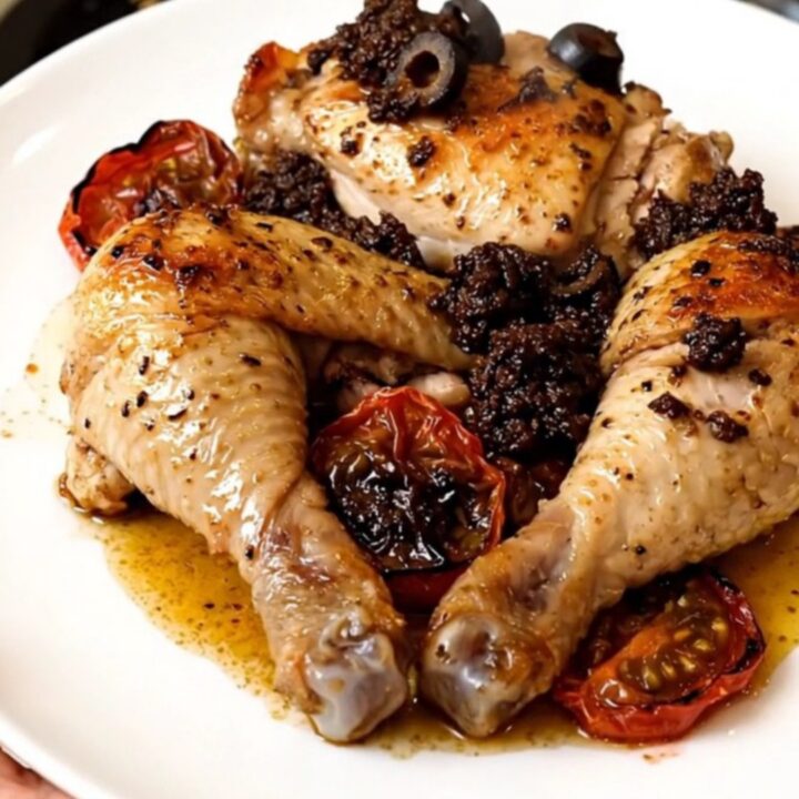 Slow cooker filled with cooked chicken breasts topped with cherry tomatoes and black tapenade.
