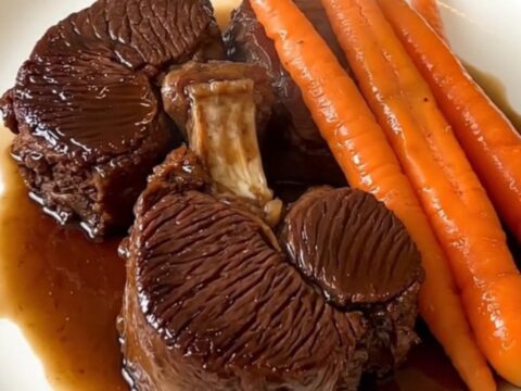 A plate featuring tender braised beef cheeks and sliced heirloom carrots in a rich wine sauce.