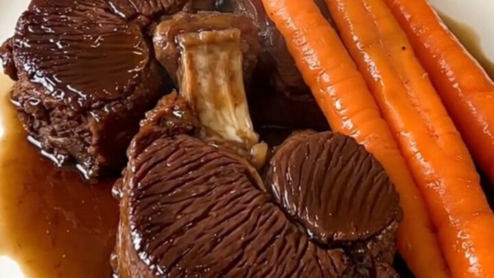A plate featuring tender braised beef cheeks and sliced heirloom carrots in a rich wine sauce.