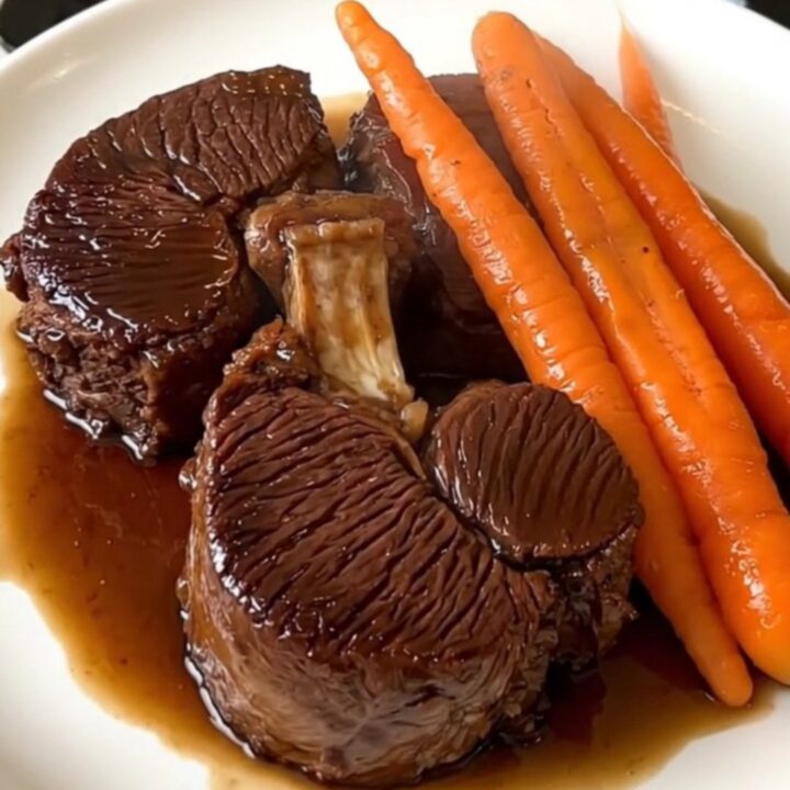 A plate featuring tender braised beef cheeks and sliced heirloom carrots in a rich wine sauce.