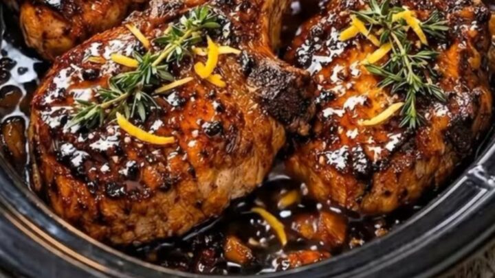 Four golden-brown bone-in pork chops glazed in a shimmering orange-honey sauce in a black slow cooker.