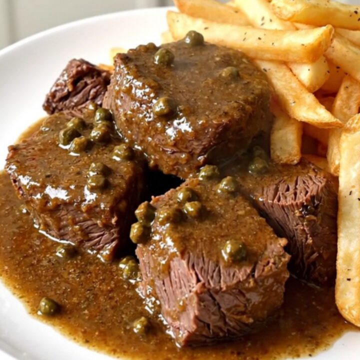 A close-up of tender braised pepper beef served on a white plate with golden fries.