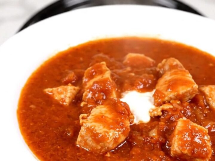 A steaming, glossy portion of chicken goulash served on a white round plate.
