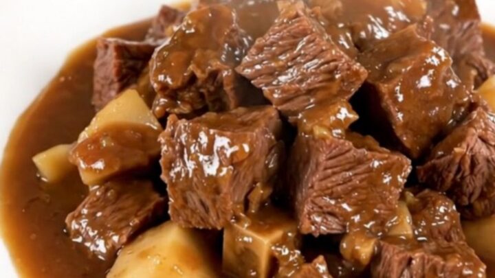 A close-up of a steaming bowl of beef stew featuring tender beef chunks and parsnips in a glossy brown sauce.