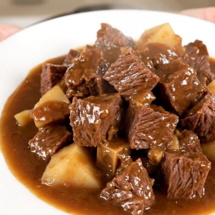 A close-up of a steaming bowl of beef stew featuring tender beef chunks and parsnips in a glossy brown sauce.