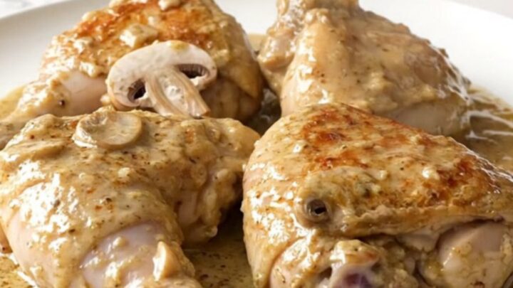 A top-down view of chicken thighs, mushrooms, and creamy sauce in a slow cooker.