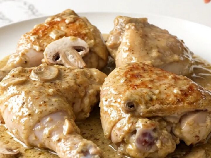 A top-down view of chicken thighs, mushrooms, and creamy sauce in a slow cooker.