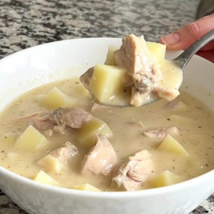 A bowl of creamy chicken alfredo soup with tender chicken and potato chunks.