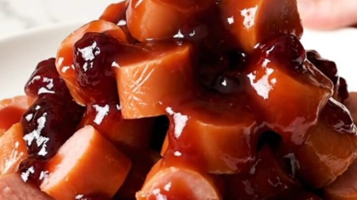 A slow cooker filled with sliced hot dog coins coated in a glossy, dark purple grape jelly barbecue sauce.
