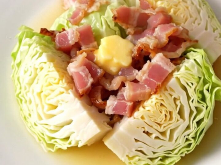 A close-up of tender, buttery green cabbage wedges topped with soft, savory bacon pieces in a slow cooker.