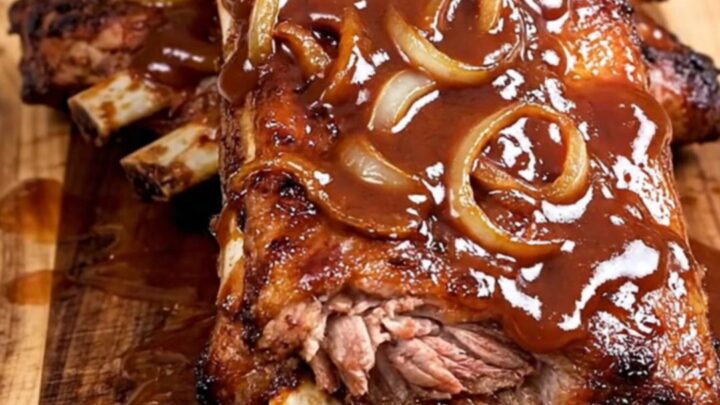 A close-up of tender, saucy BBQ spareribs served on a rustic wooden board, showing the meat pulling away from the bone.