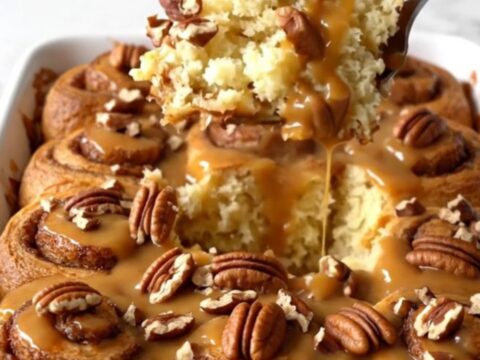 A top-down view of a rectangular ceramic dish filled with unbaked cinnamon roll quarters, brown butter sauce, and pecans.
