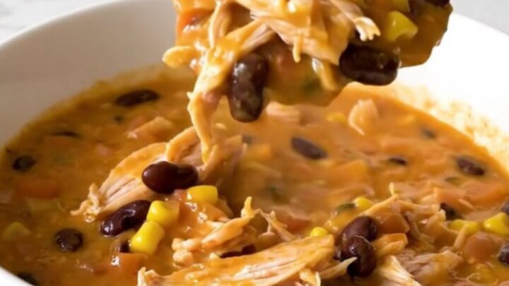 A close-up of creamy chicken chili in a white bowl with a spoon lifting a bite.