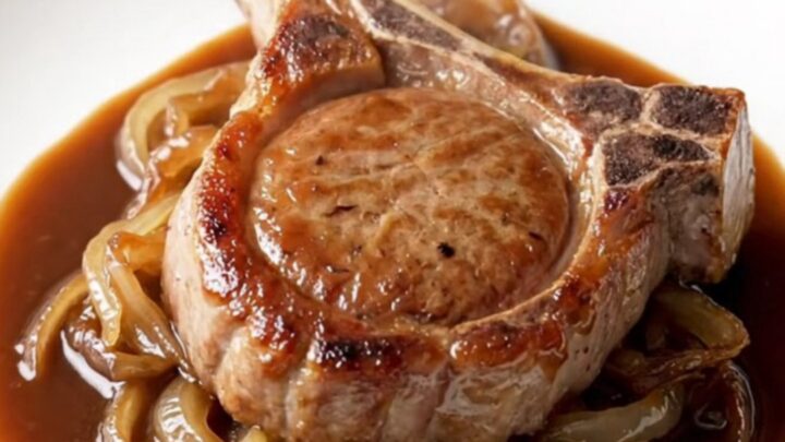 A close-up of a tender, bone-in BBQ pork chop plated on a white plate with a rich, glossy sauce and soft onions.