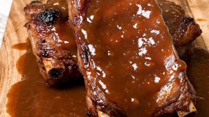 A serving of tender, glazed BBQ spareribs served on a rustic wooden board with a thick, glossy sauce.