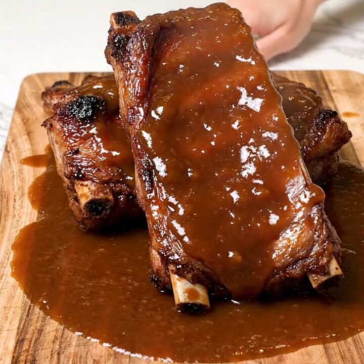 A serving of tender, glazed BBQ spareribs served on a rustic wooden board with a thick, glossy sauce.