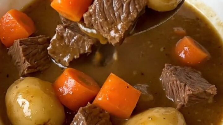 A close-up shot of a white bowl filled with tender beef chunks, potatoes, and carrots in a rich brown gravy.