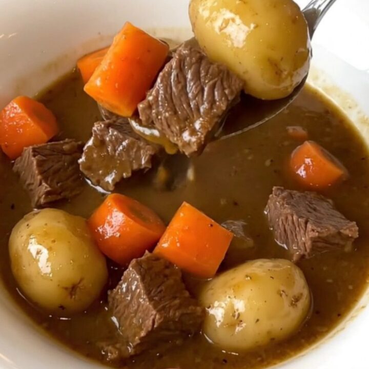 A close-up shot of a white bowl filled with tender beef chunks, potatoes, and carrots in a rich brown gravy.