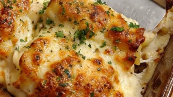 A golden, bubbling creamy garlic parmesan chicken pasta bake in a rustic ceramic pan.