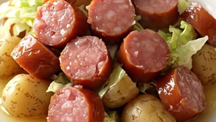 A slow cooker filled with sliced kielbasa, chopped green cabbage, and halved baby potatoes.