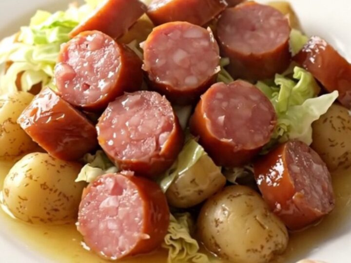 A slow cooker filled with sliced kielbasa, chopped green cabbage, and halved baby potatoes.