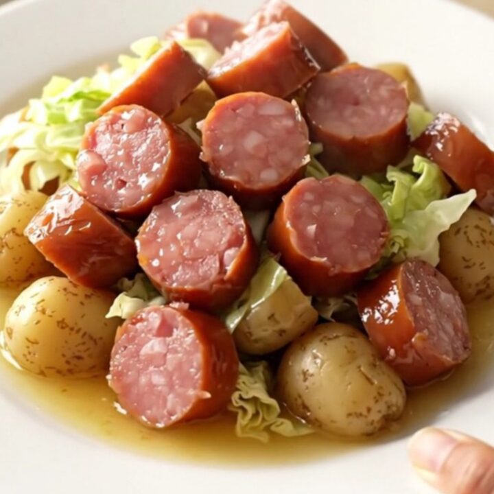 A slow cooker filled with sliced kielbasa, chopped green cabbage, and halved baby potatoes.