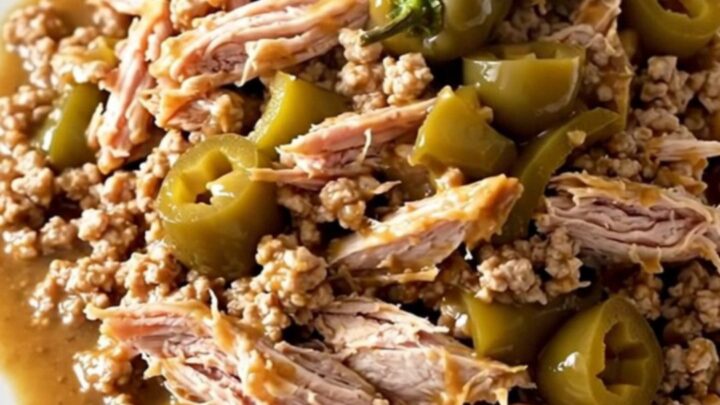 A close-up of a slow cooker filled with ground turkey, pepperoncini, and seasonings.