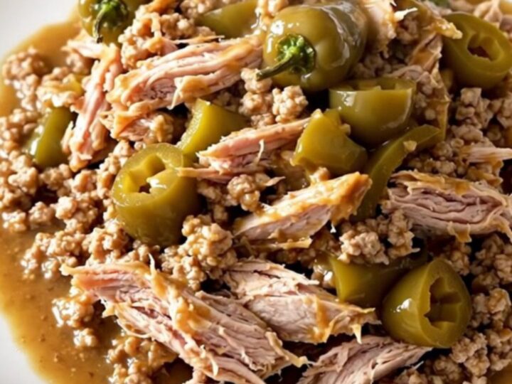 A close-up of a slow cooker filled with ground turkey, pepperoncini, and seasonings.