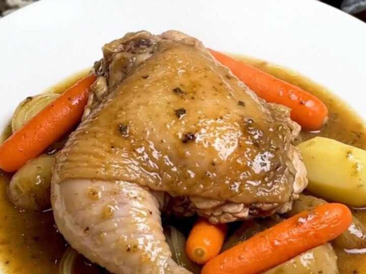 A slow cooker filled with chicken thighs, carrots, potatoes, and onions in a rich herb gravy.