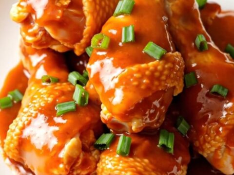 Close-up of slow cooker maple gochujang chicken drumsticks on a white plate.