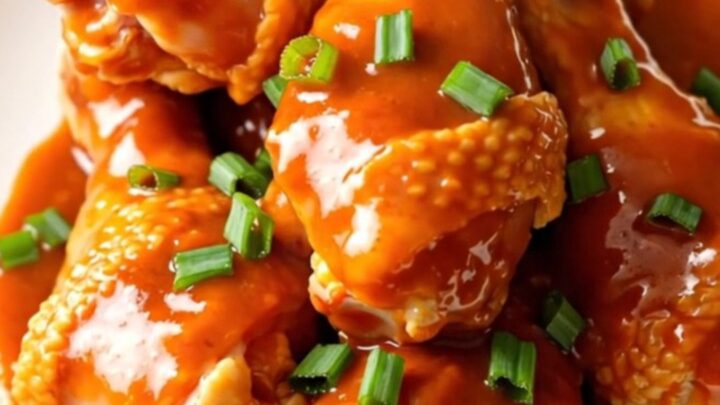 Close-up of slow cooker maple gochujang chicken drumsticks on a white plate.