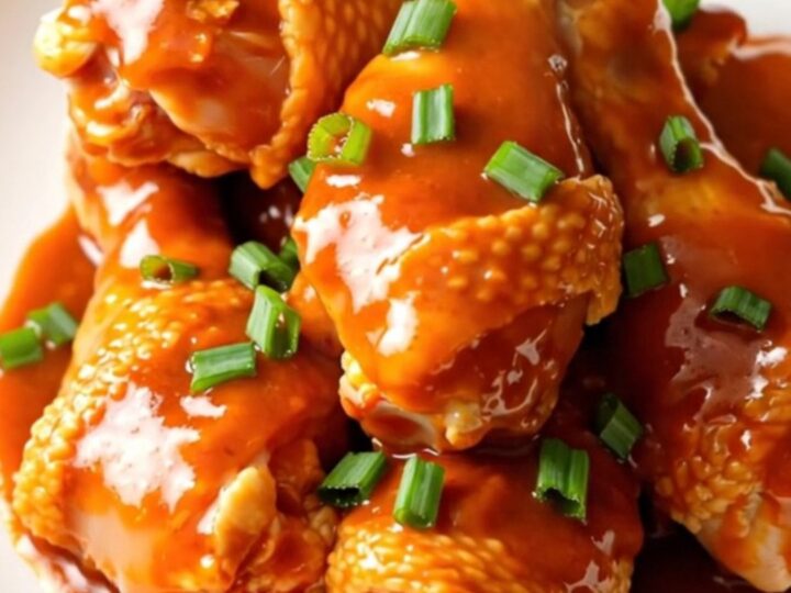 Close-up of slow cooker maple gochujang chicken drumsticks on a white plate.