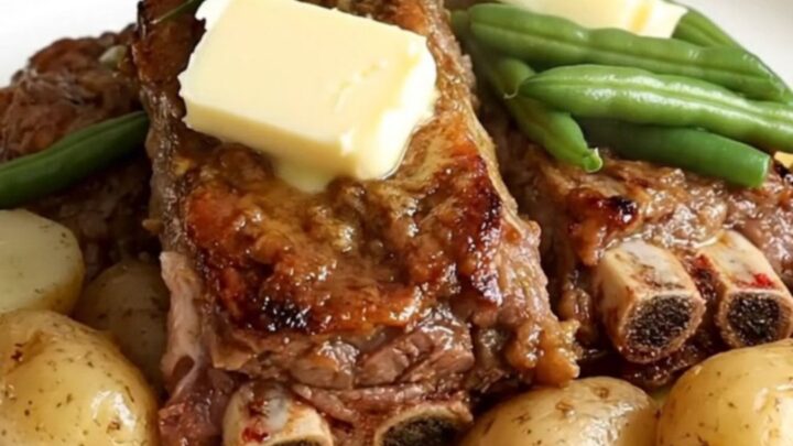 A top-down view of tender country-style pork ribs, green beans, and halved baby potatoes in a slow cooker.