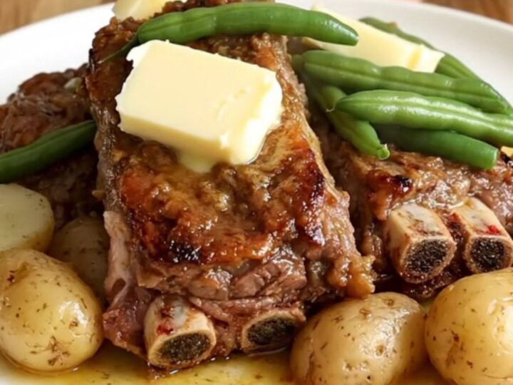 A top-down view of tender country-style pork ribs, green beans, and halved baby potatoes in a slow cooker.