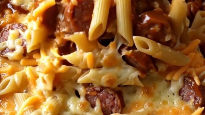 A top-down view of a rectangular baking dish filled with penne pasta, smoked sausage coins, barbecue sauce
