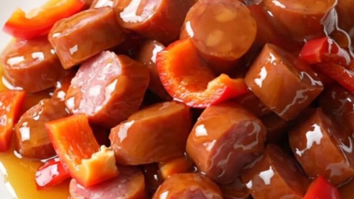 A slow cooker filled with golden-brown kielbasa coins and bright red bell pepper chunks coated in a glossy honey glaze.