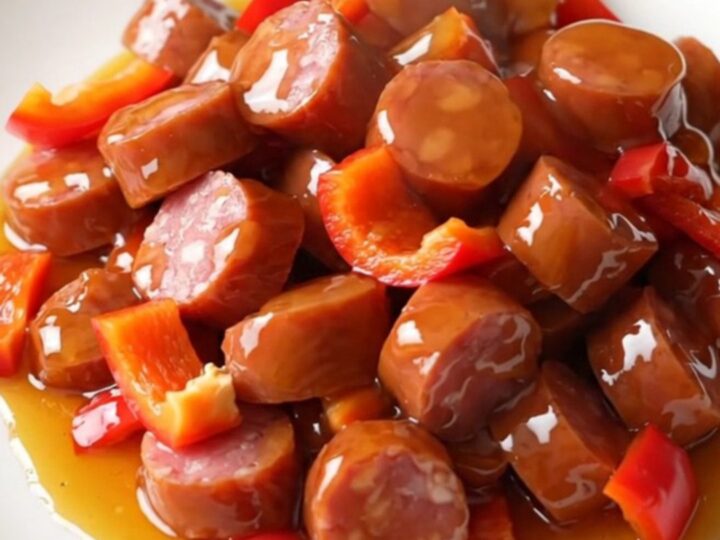 A slow cooker filled with golden-brown kielbasa coins and bright red bell pepper chunks coated in a glossy honey glaze.
