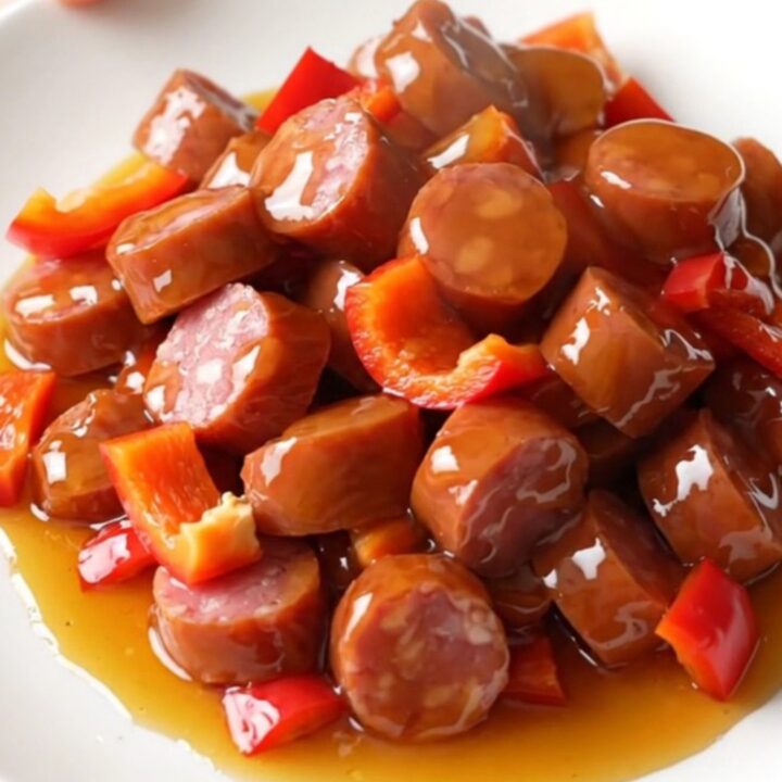 A slow cooker filled with golden-brown kielbasa coins and bright red bell pepper chunks coated in a glossy honey glaze.