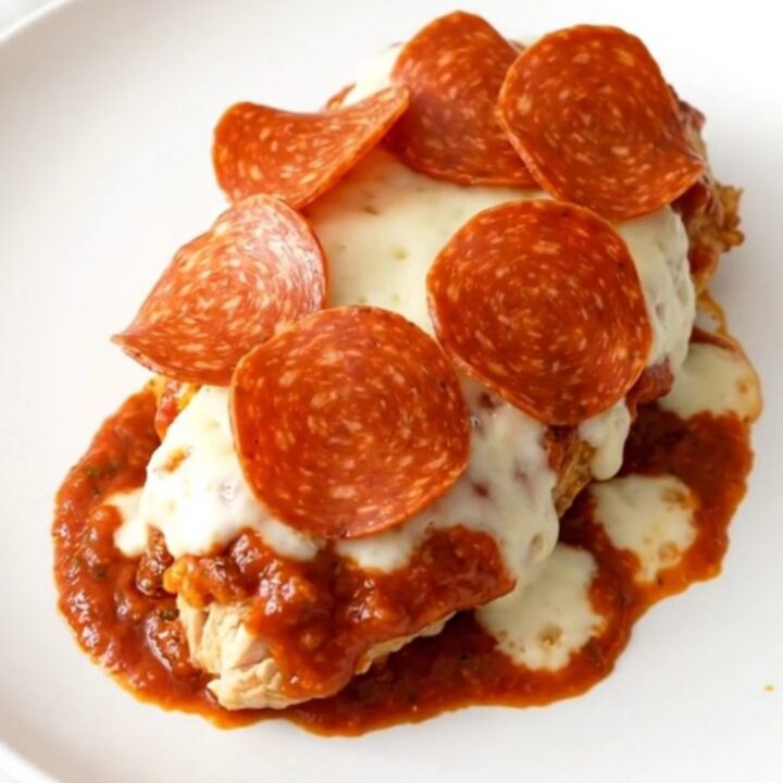 Finished slow cooker pizza chicken with melted mozzarella and pepperoni on a white plate.