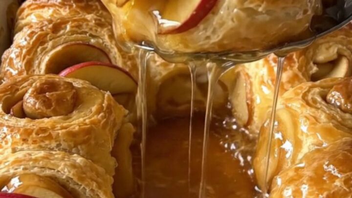 A top-down view of rows of crescent dough-wrapped apple wedges in a white baking dish ready for the oven.