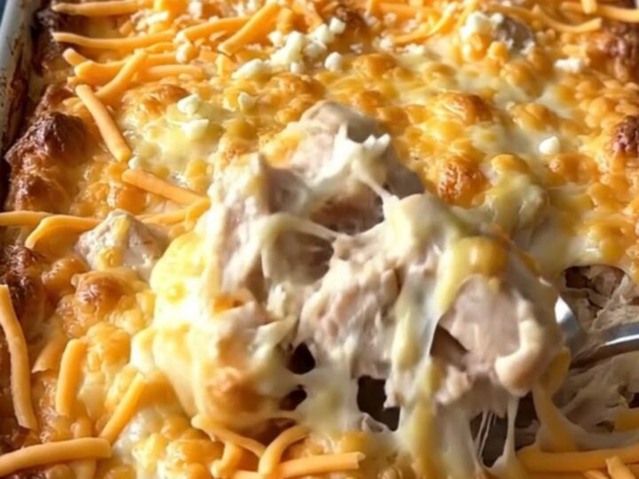 A top-down view of a creamy chicken and shells bake in a white baking dish on a wooden surface.